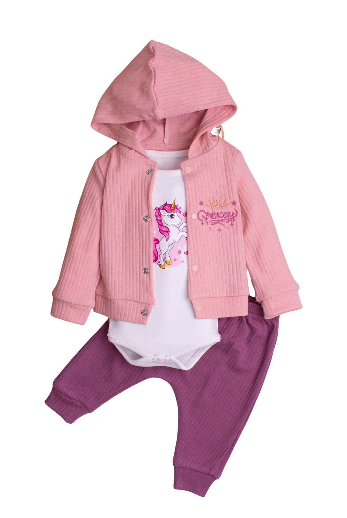 Kız Bebek Unicorn Desenli Kapüşonlu 3’lü Takım Body Hırka ve Pantolon